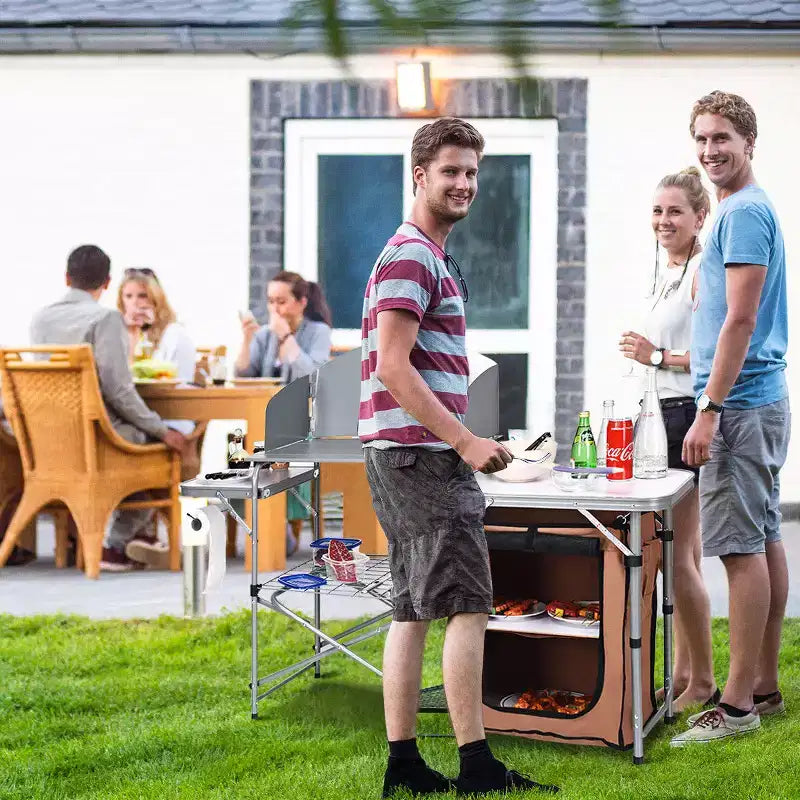 Foldable Camping Table Outdoor BBQ Portable Grilling Stand with Windscreen and Bag
