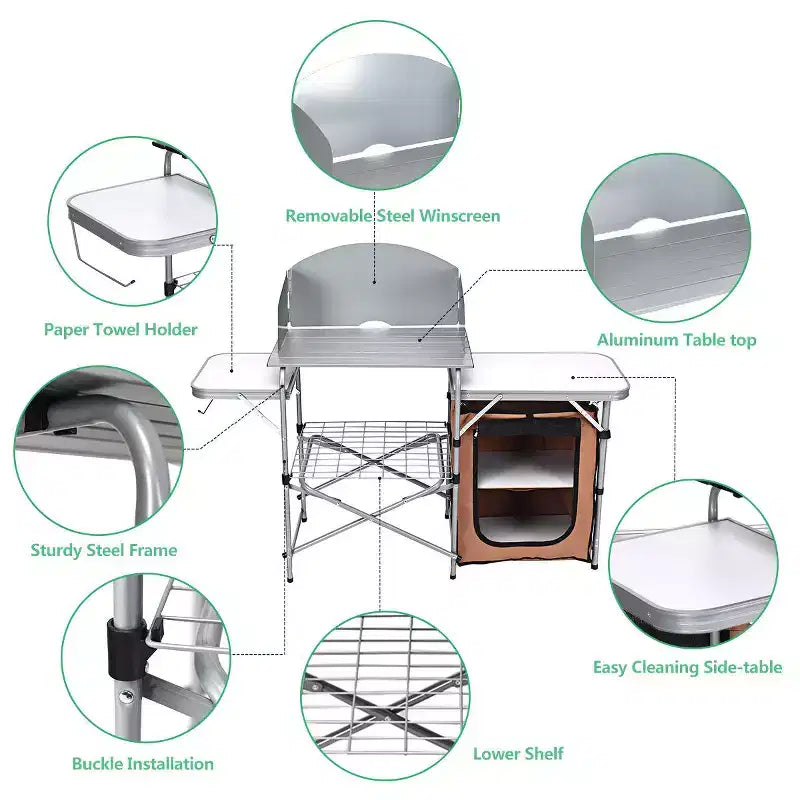 Foldable Camping Table Outdoor BBQ Portable Grilling Stand with Windscreen and Bag