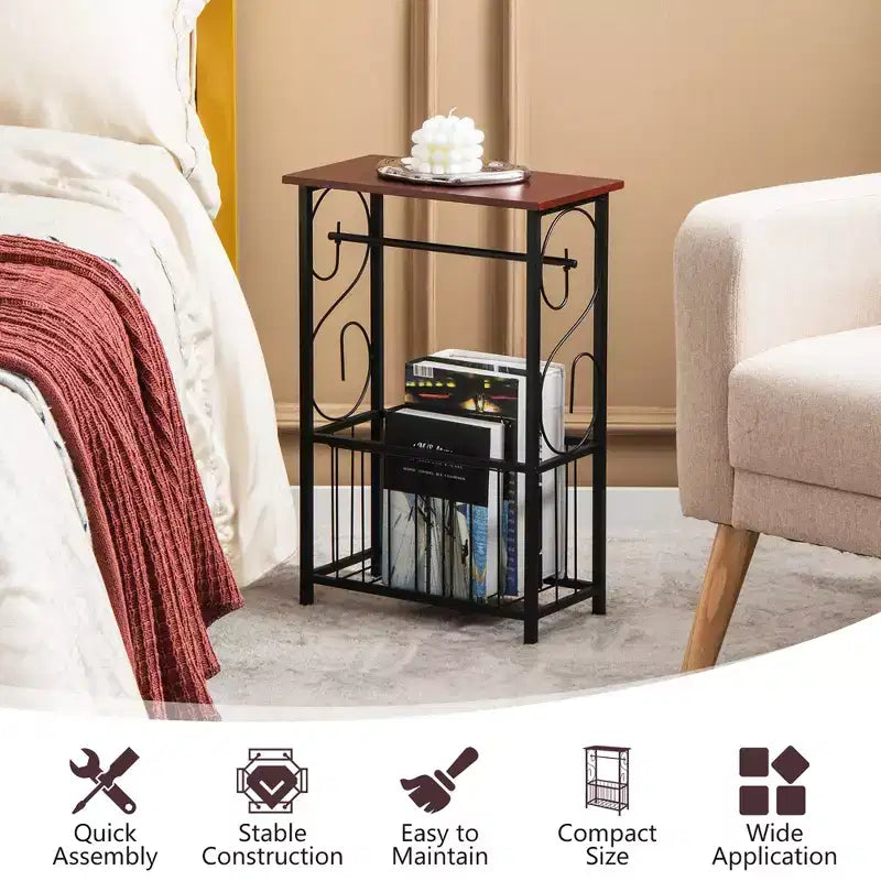 Narrow Side Table with Removable Paper Holder and Storage Basket for Living Room or Bathroom