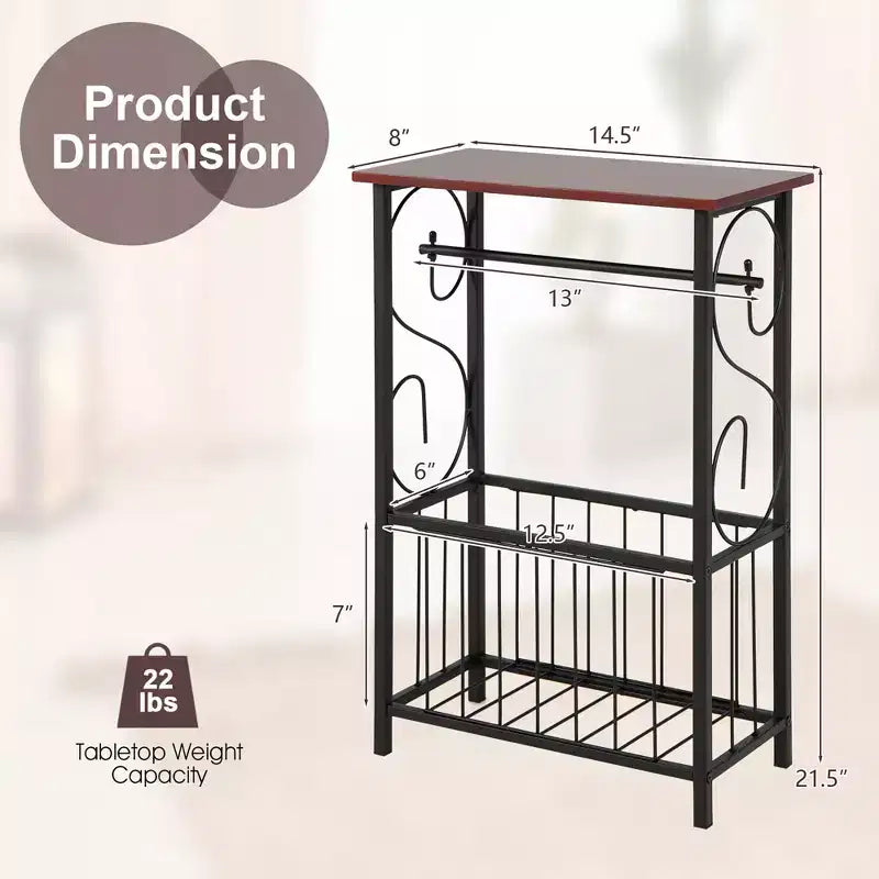 Narrow Side Table with Removable Paper Holder and Storage Basket for Living Room or Bathroom