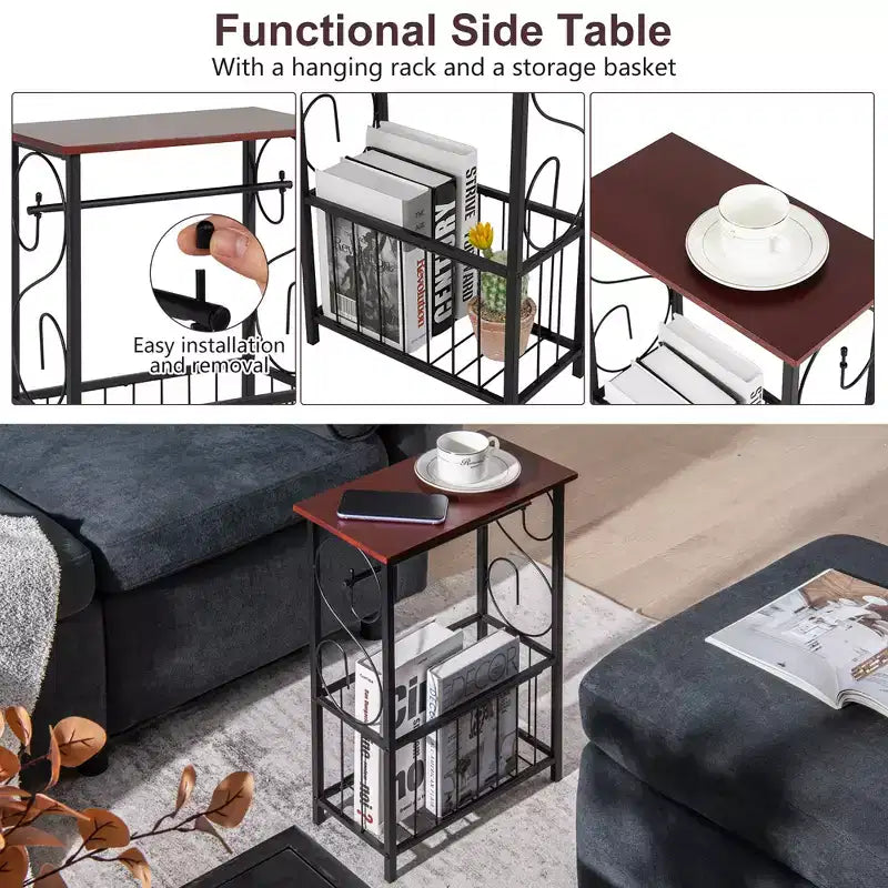 Narrow Side Table with Removable Paper Holder and Storage Basket for Living Room or Bathroom