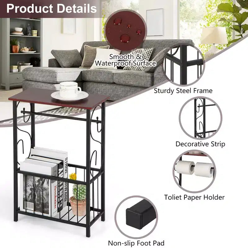 Narrow Side Table with Removable Paper Holder and Storage Basket for Living Room or Bathroom