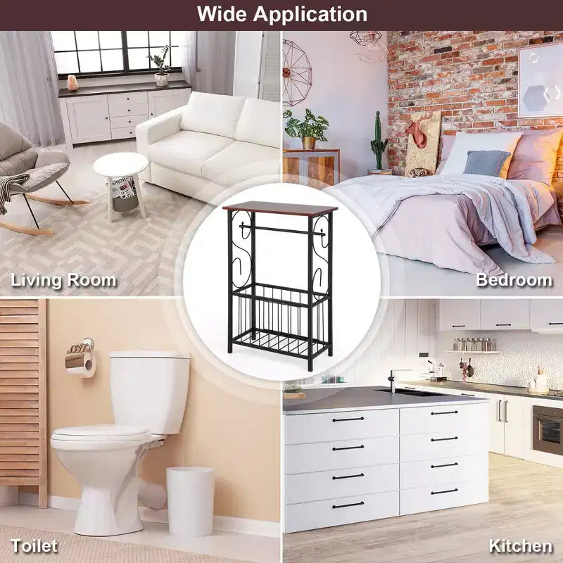 Narrow Side Table with Removable Paper Holder and Storage Basket for Living Room or Bathroom