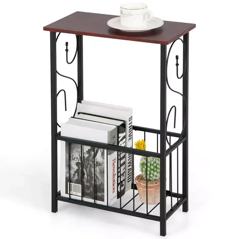 Narrow Side Table with Removable Paper Holder and Storage Basket for Living Room or Bathroom