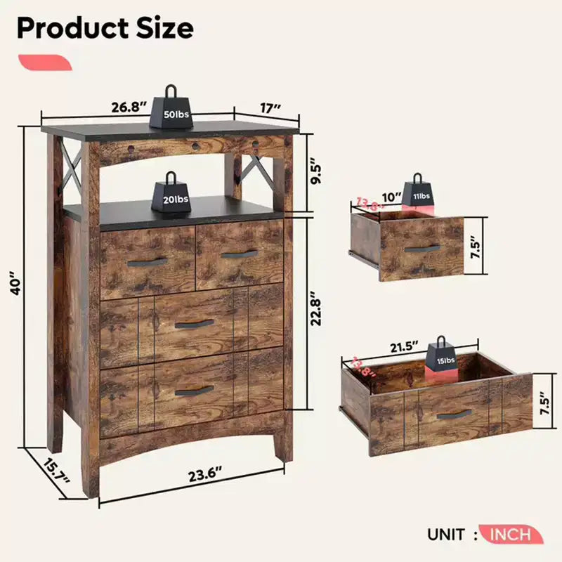 Rustic Storage Cabinet Organizer Table with 2 Display Shelves and 4 Drawers Dark Brown