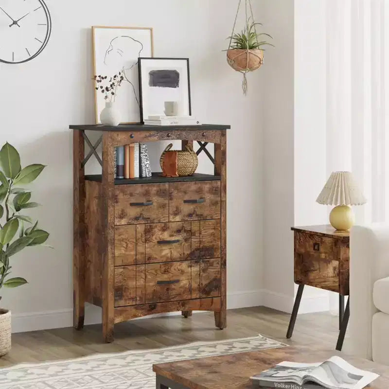 Rustic Storage Cabinet Organizer Table with 2 Display Shelves and 4 Drawers Dark Brown