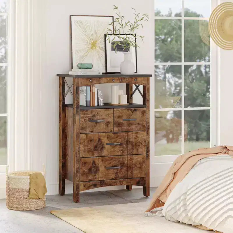 Rustic Storage Cabinet Organizer Table with 2 Display Shelves and 4 Drawers Dark Brown