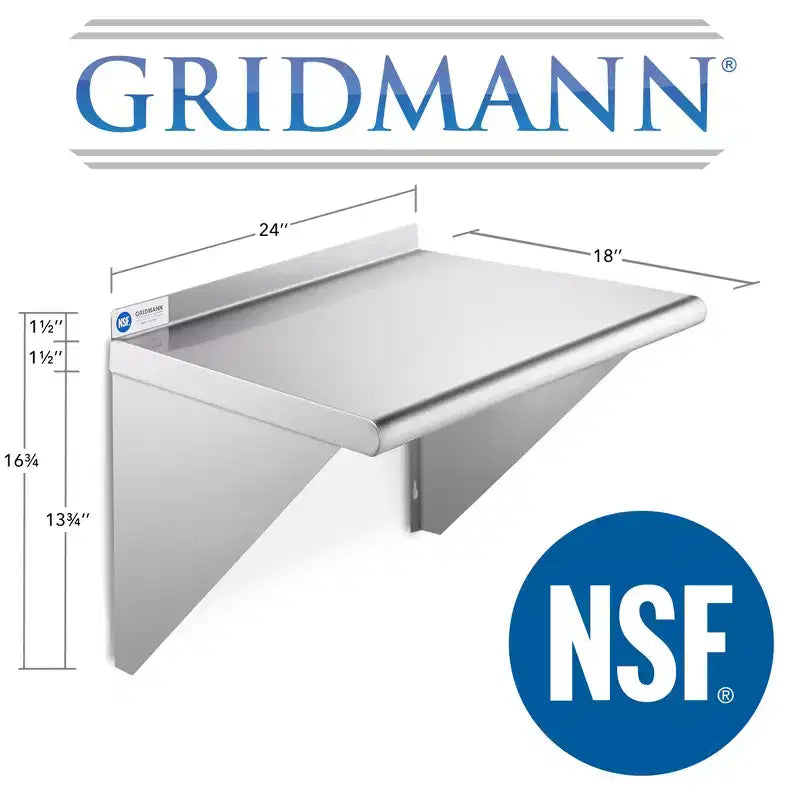18" Deep Stainless Steel Kitchen Wall Mount Shelves with Backsplash NSF Certified