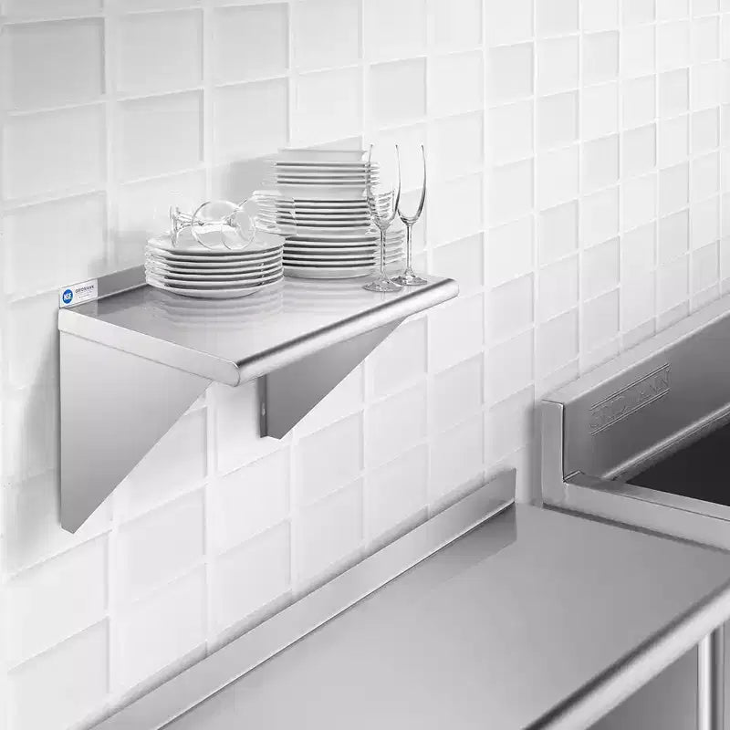18" Deep Stainless Steel Kitchen Wall Mount Shelves with Backsplash NSF Certified