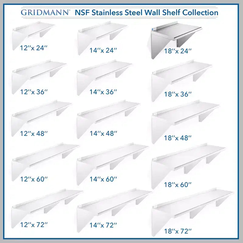 18" Deep Stainless Steel Kitchen Wall Mount Shelves with Backsplash NSF Certified