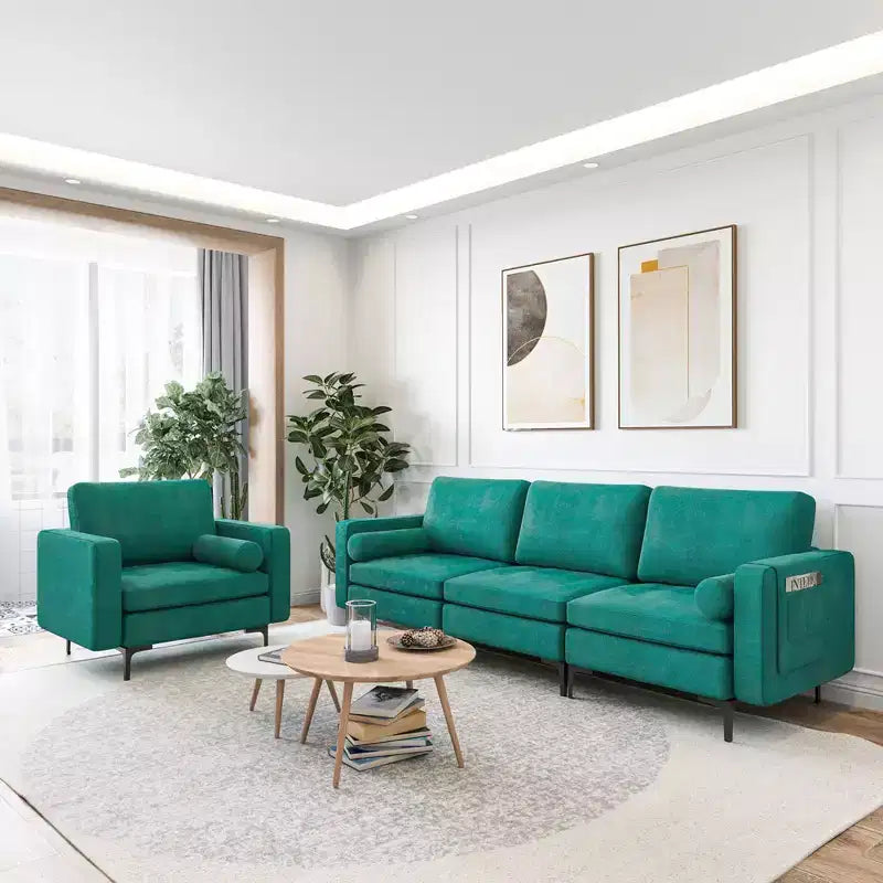 Modular 3-Seat Sofa Couch with USB Ports Socket and Side Storage Pocket Teal