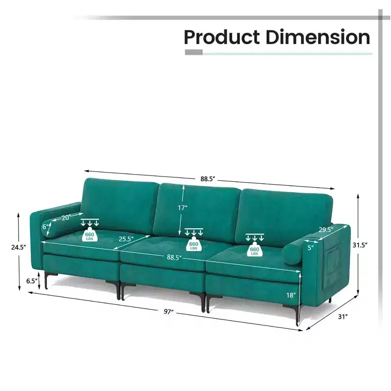 Modular 3-Seat Sofa Couch with USB Ports Socket and Side Storage Pocket Teal
