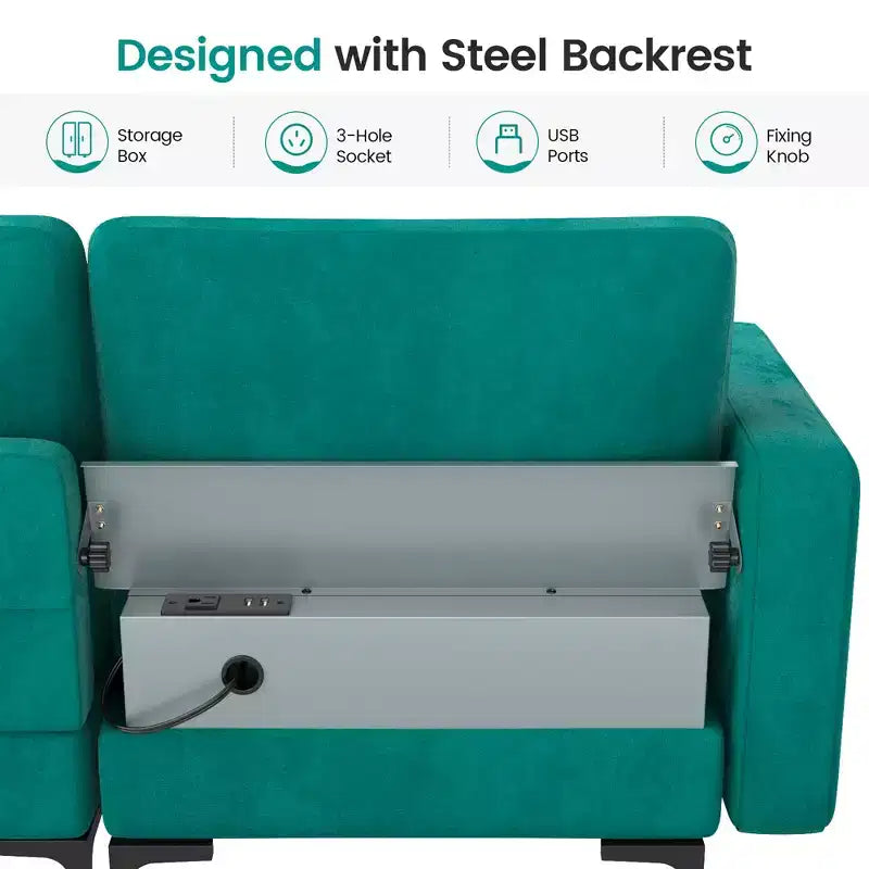 Modular 3-Seat Sofa Couch with USB Ports Socket and Side Storage Pocket Teal