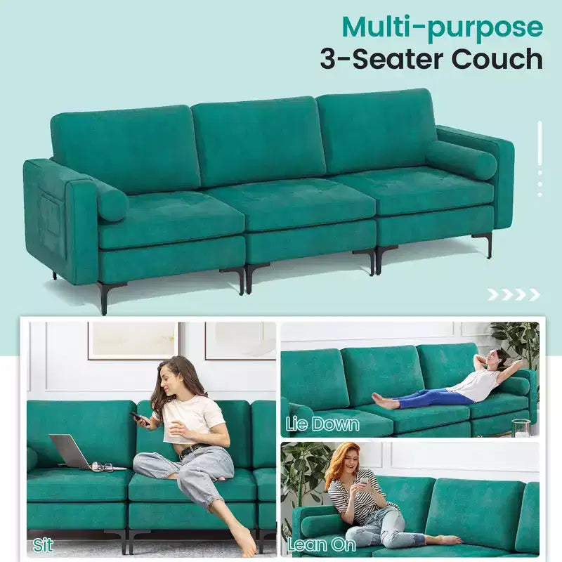 Modular 3-Seat Sofa Couch with USB Ports Socket and Side Storage Pocket Teal