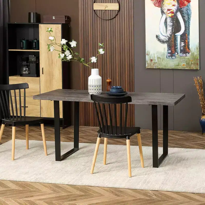 63" Wavy-Edge Modern Dining Table for 6 Wooden Kitchen Table with Steel Legs Gray