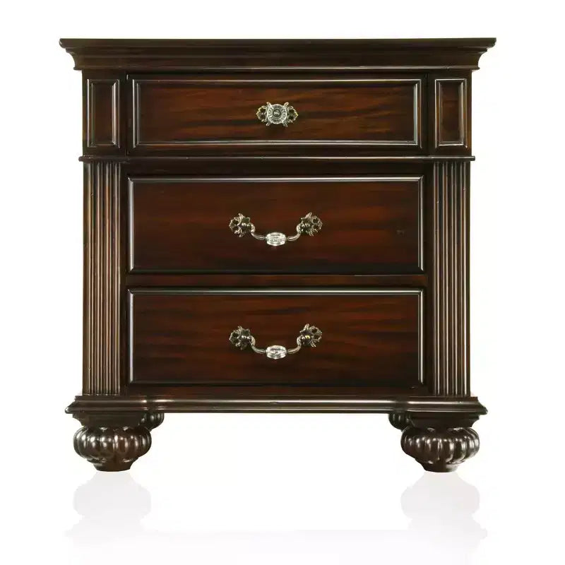 3-Drawer Nightstand with Bun Feet Brown Wood Veneer