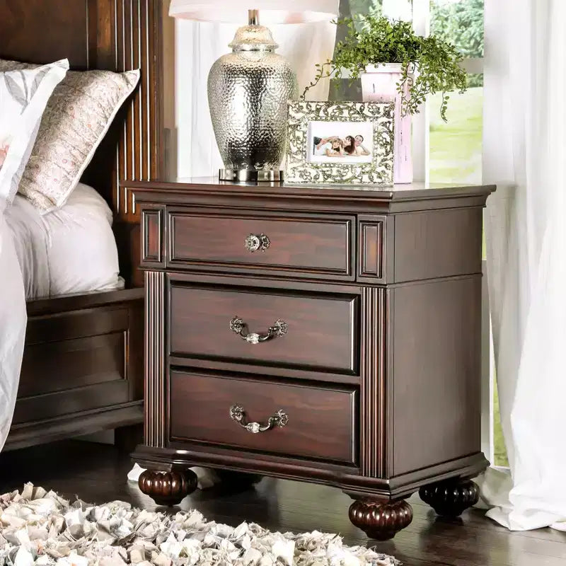 3-Drawer Nightstand with Bun Feet Brown Wood Veneer