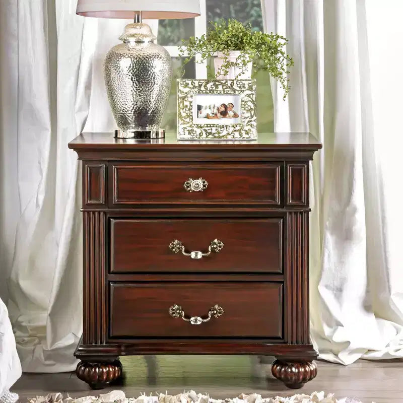 3-Drawer Nightstand with Bun Feet Brown Wood Veneer