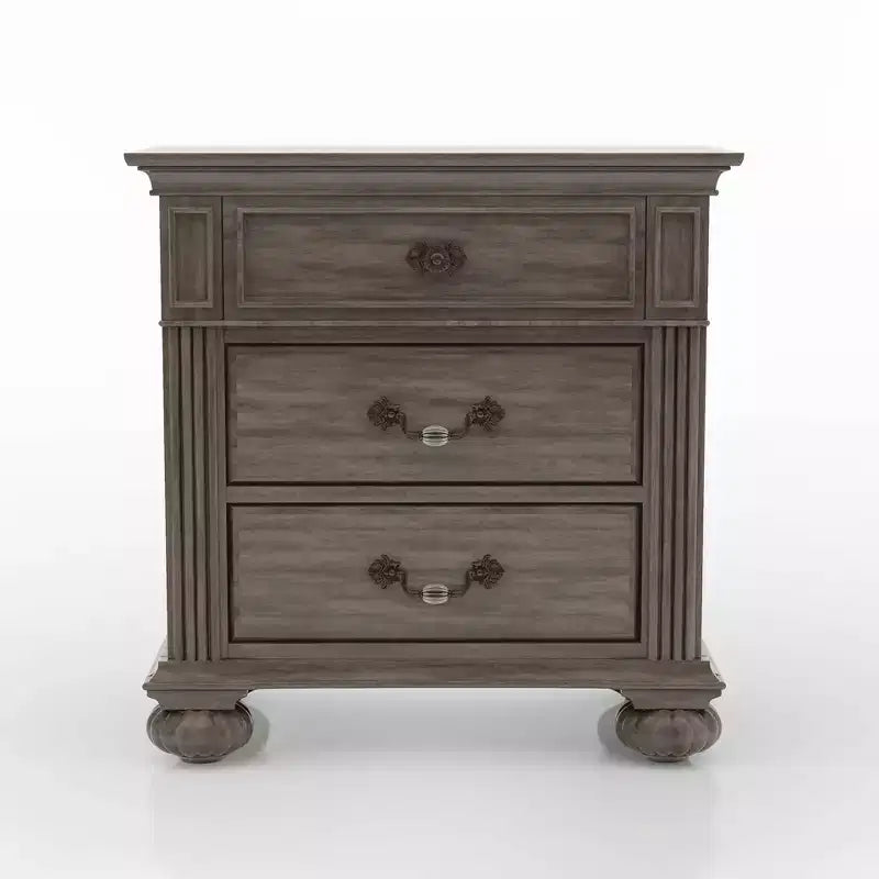 3-Drawer Nightstand with Bun Feet Brown Wood Veneer