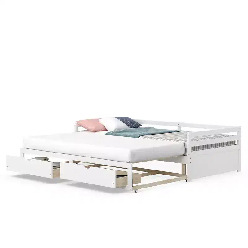 Twin to King Extendable Daybed with 2 Drawers Wooden Sofa Bed White/Cherry