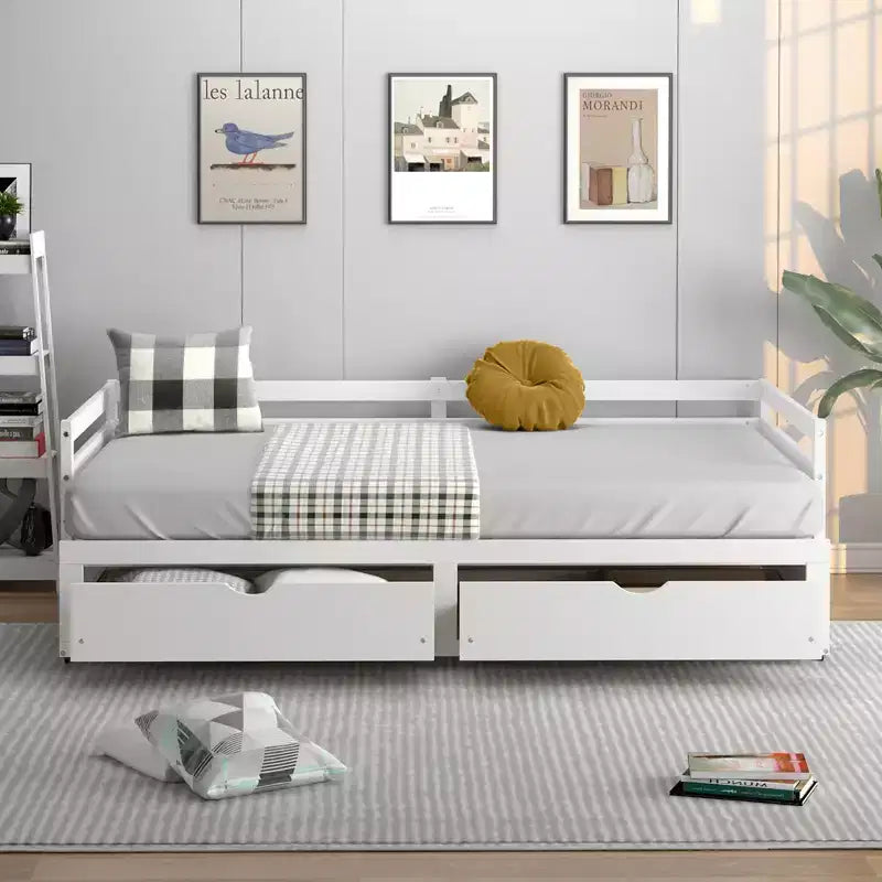 Twin to King Extendable Daybed with 2 Drawers Wooden Sofa Bed White/Cherry