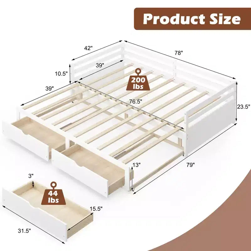 Twin to King Extendable Daybed with 2 Drawers Wooden Sofa Bed White/Cherry