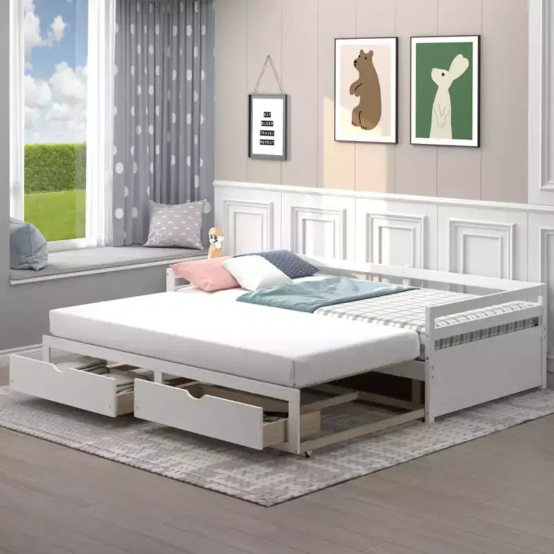 Twin to King Extendable Daybed with 2 Drawers Wooden Sofa Bed White/Cherry