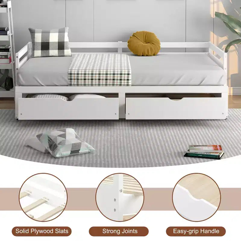 Twin to King Extendable Daybed with 2 Drawers Wooden Sofa Bed White/Cherry