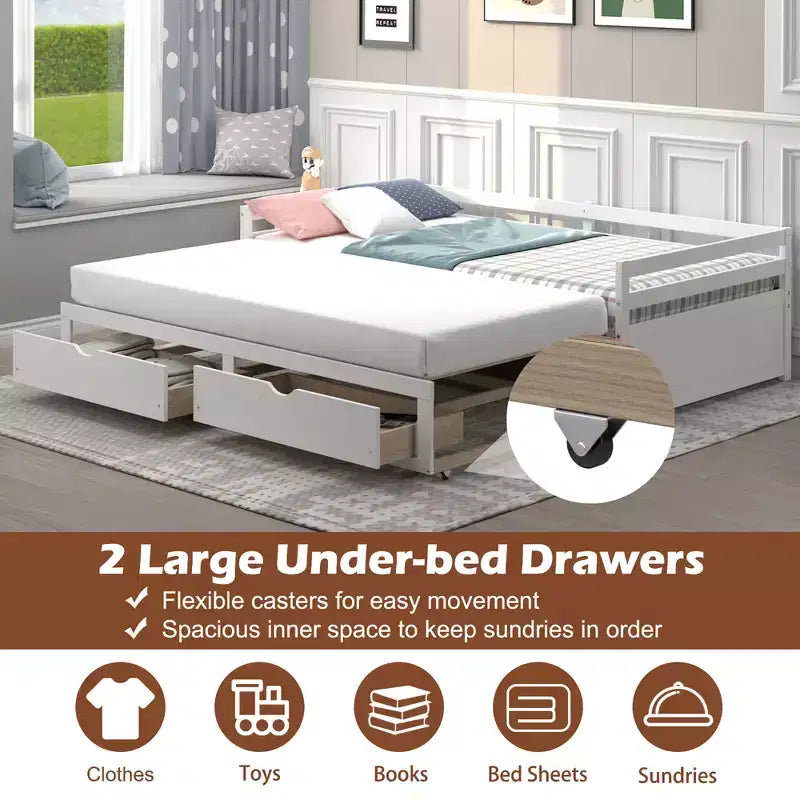 Twin to King Extendable Daybed with 2 Drawers Wooden Sofa Bed White/Cherry