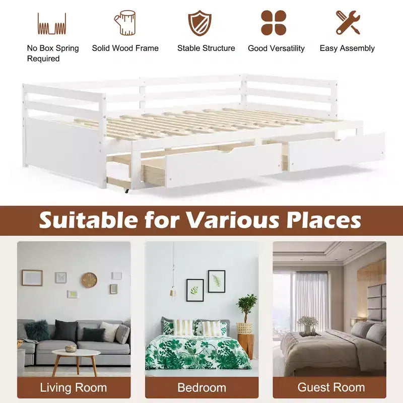 Twin to King Extendable Daybed with 2 Drawers Wooden Sofa Bed White/Cherry