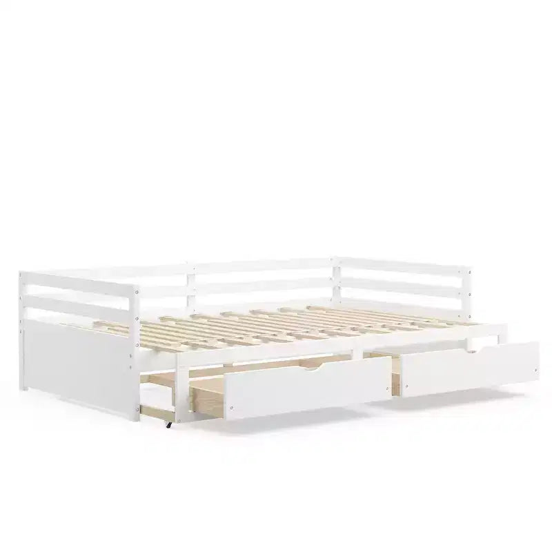 Twin to King Extendable Daybed with 2 Drawers Wooden Sofa Bed White/Cherry