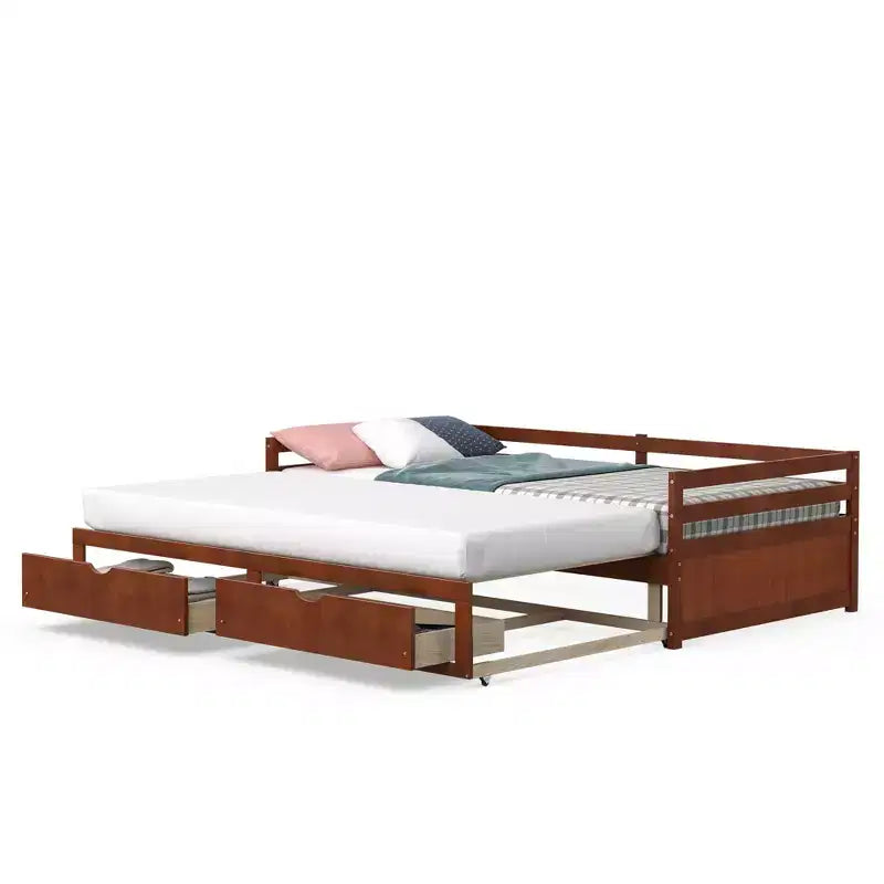 Twin to King Extendable Daybed with 2 Drawers Wooden Sofa Bed White/Cherry