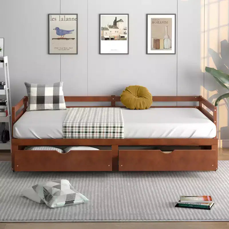 Twin to King Extendable Daybed with 2 Drawers Wooden Sofa Bed White/Cherry