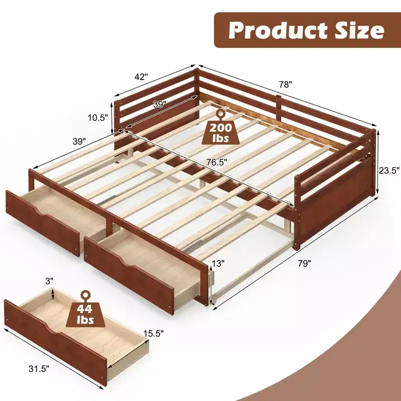 Twin to King Extendable Daybed with 2 Drawers Wooden Sofa Bed White/Cherry