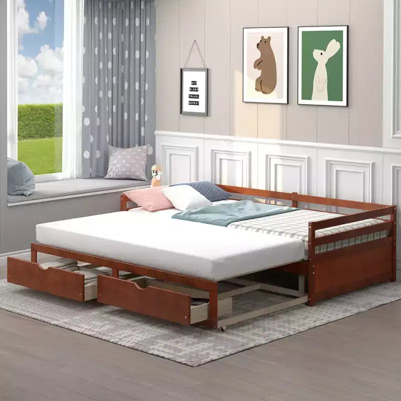 Twin to King Extendable Daybed with 2 Drawers Wooden Sofa Bed White/Cherry