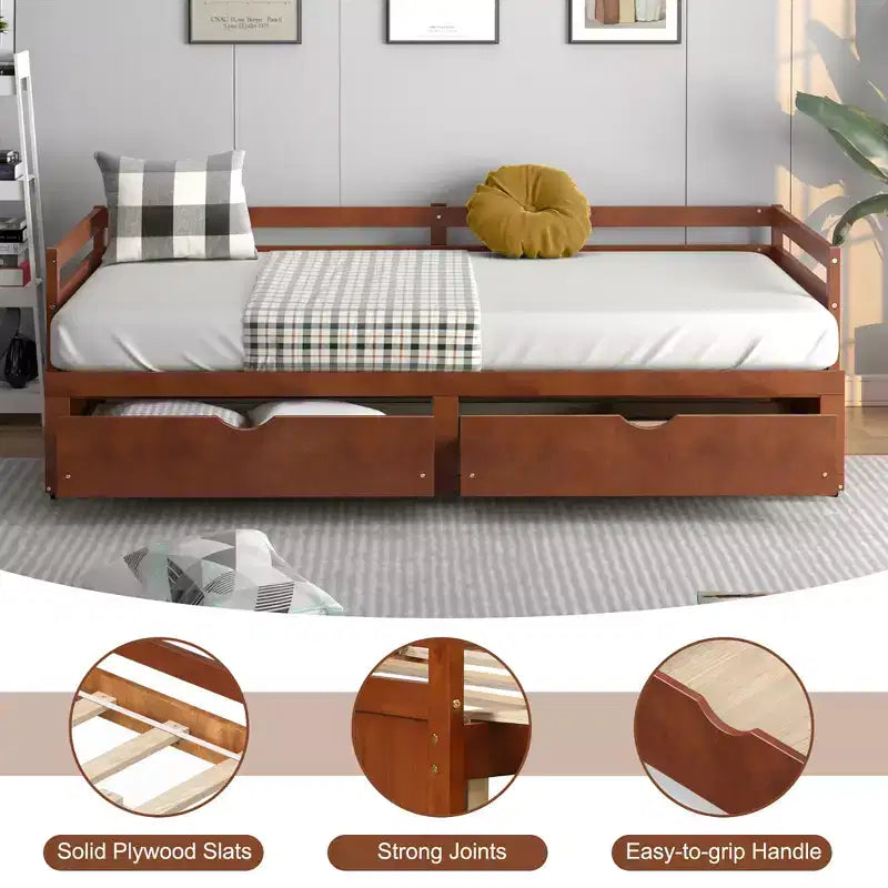 Twin to King Extendable Daybed with 2 Drawers Wooden Sofa Bed White/Cherry