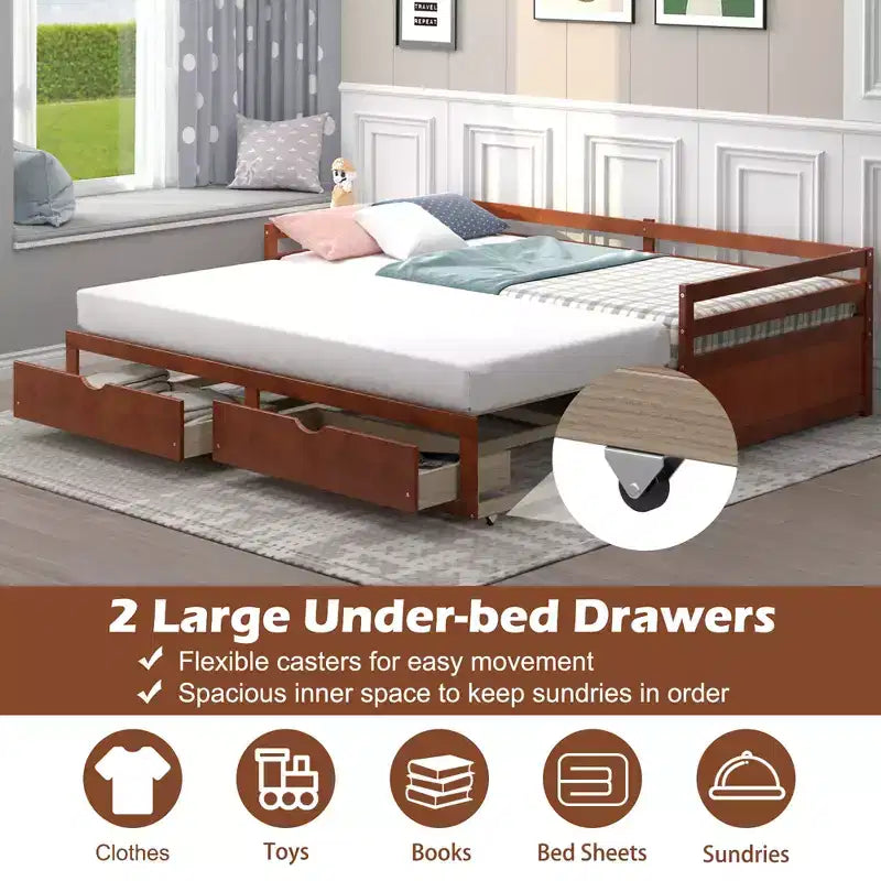Twin to King Extendable Daybed with 2 Drawers Wooden Sofa Bed White/Cherry