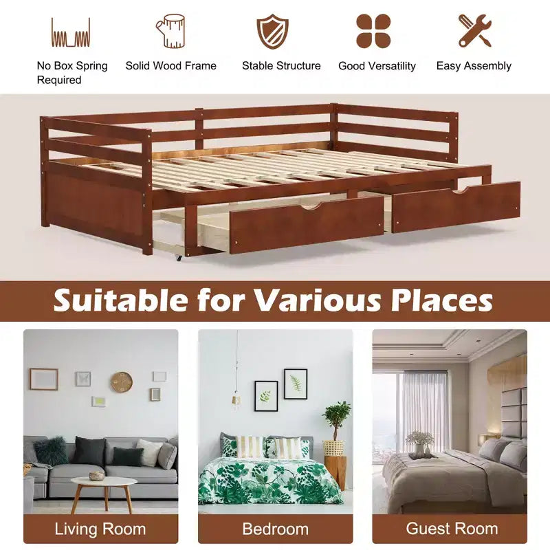 Twin to King Extendable Daybed with 2 Drawers Wooden Sofa Bed White/Cherry