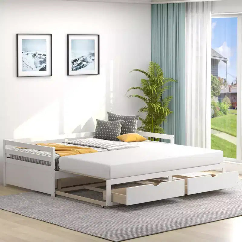 Twin to King Extendable Daybed with 2 Drawers Wooden Sofa Bed White/Cherry