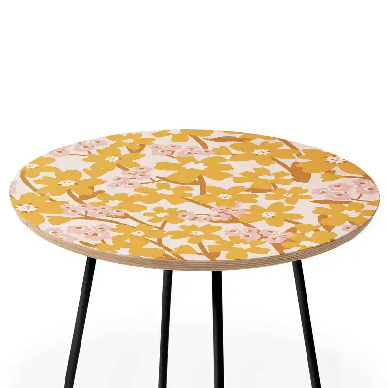 Wildflowers Round Side Table Yellow Birch Top Black Steel Frame
