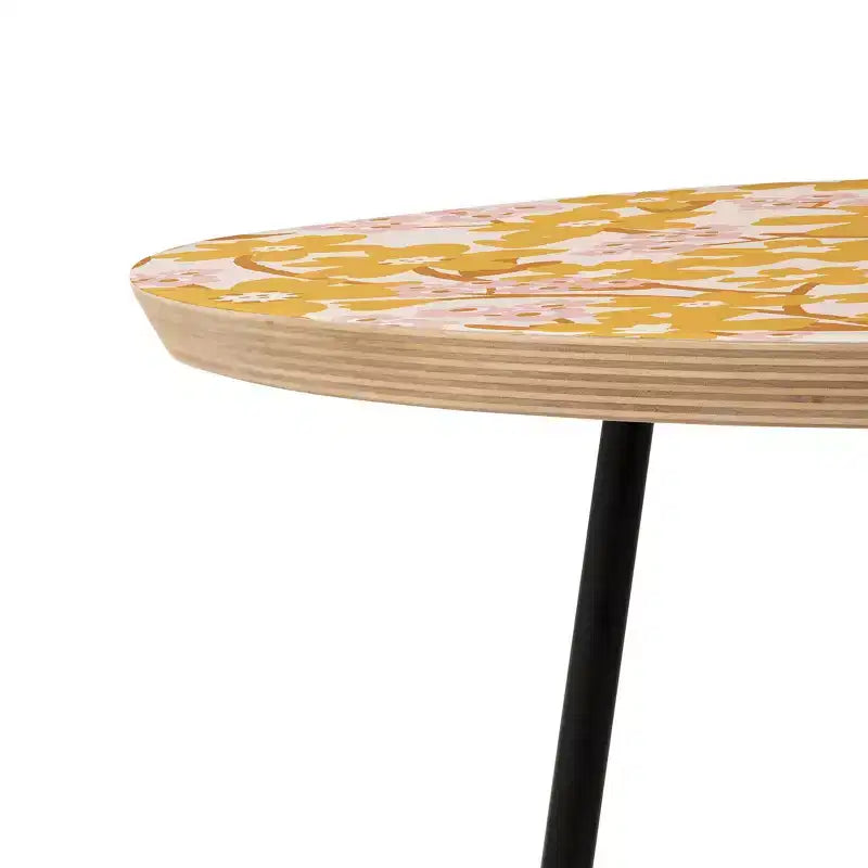 Wildflowers Round Side Table Yellow Birch Top Black Steel Frame