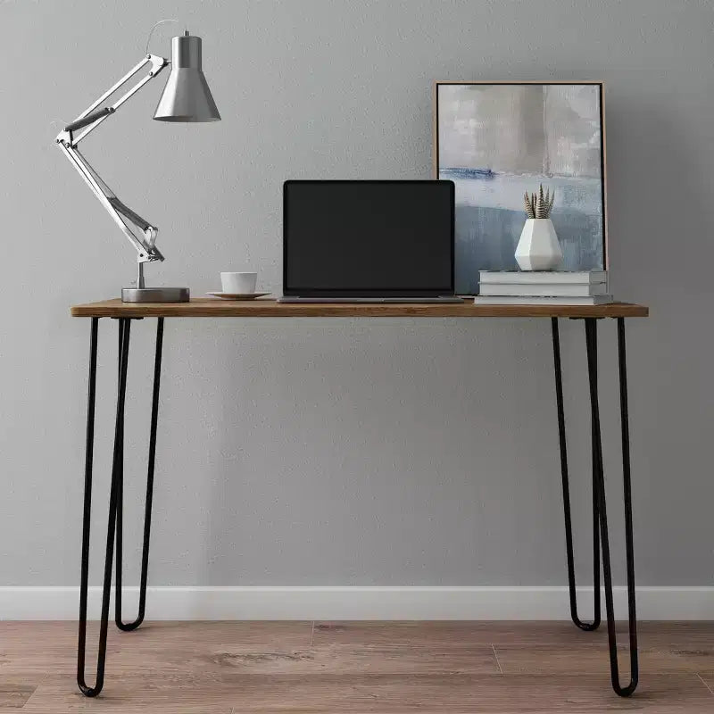 Modern Industrial Desk with Hairpin Legs Woodgrain-Look and Steel Accent