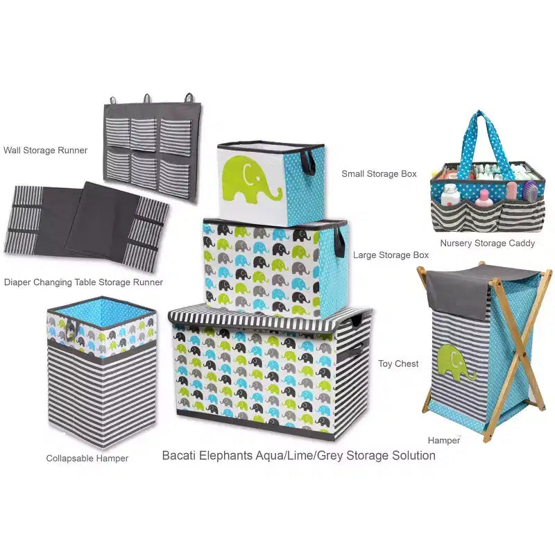 Elephants Aqua/Lime/Gray Kids Laundry Hamper with Wooden Frame