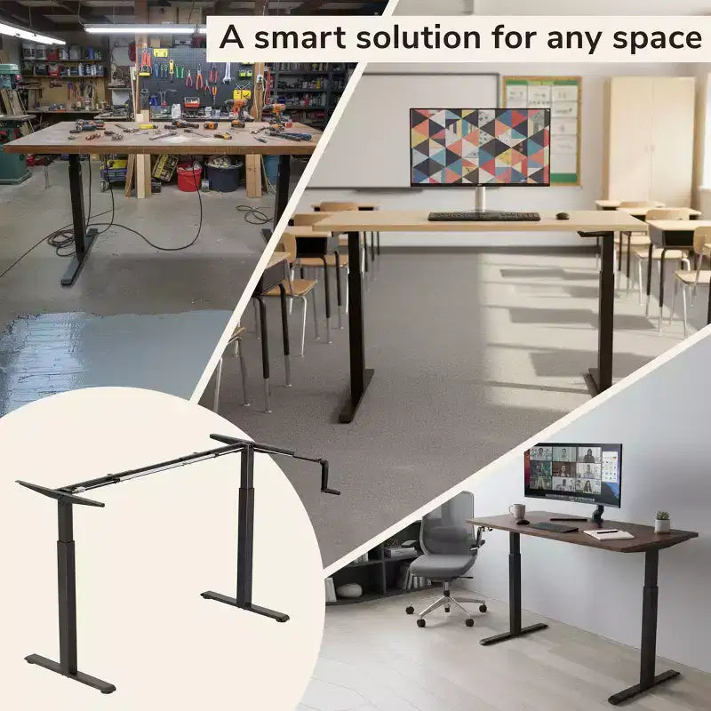 44 to 64" Wide Manual Hand Crank Standing Desk Height Adjustable Frame Black