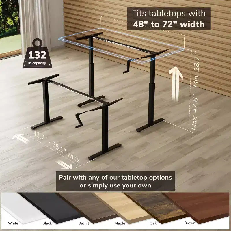 44 to 64" Wide Manual Hand Crank Standing Desk Height Adjustable Frame Black