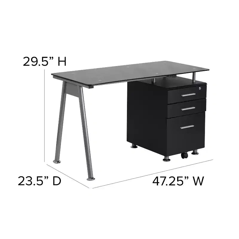 Black Tempered Glass Computer Desk with Three Drawer Pedestal