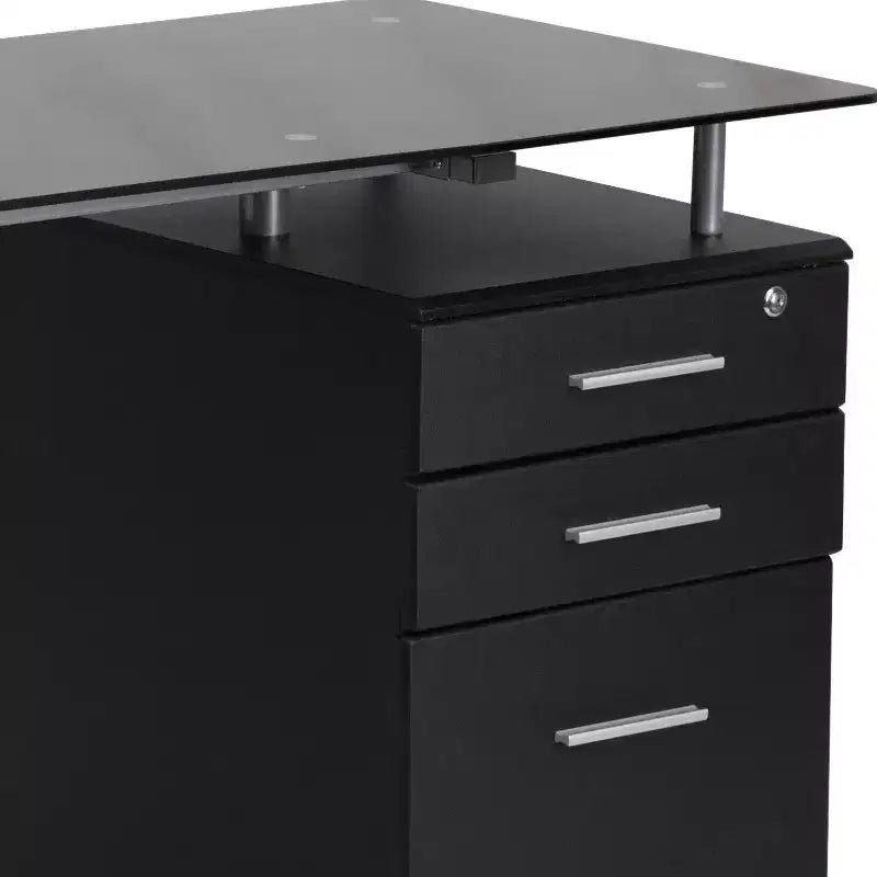 Black Tempered Glass Computer Desk with Three Drawer Pedestal