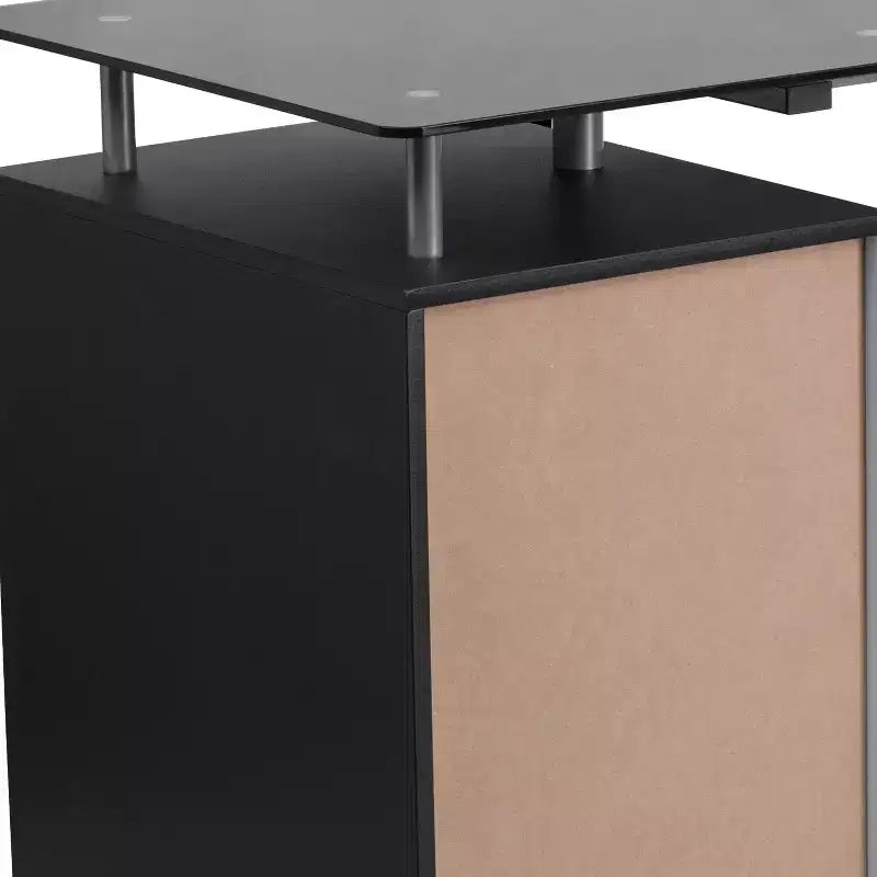 Black Tempered Glass Computer Desk with Three Drawer Pedestal