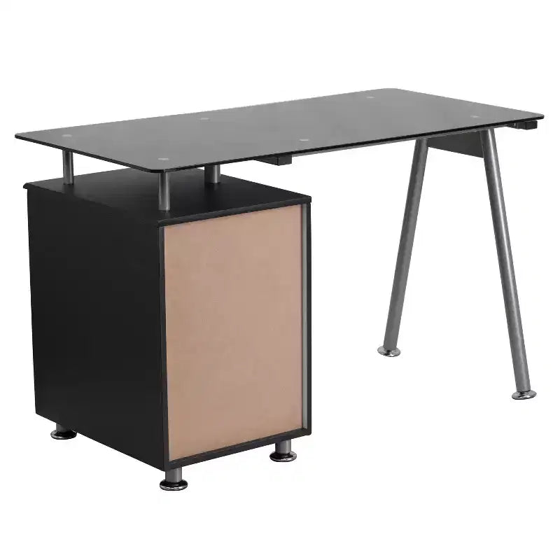 Black Tempered Glass Computer Desk with Three Drawer Pedestal