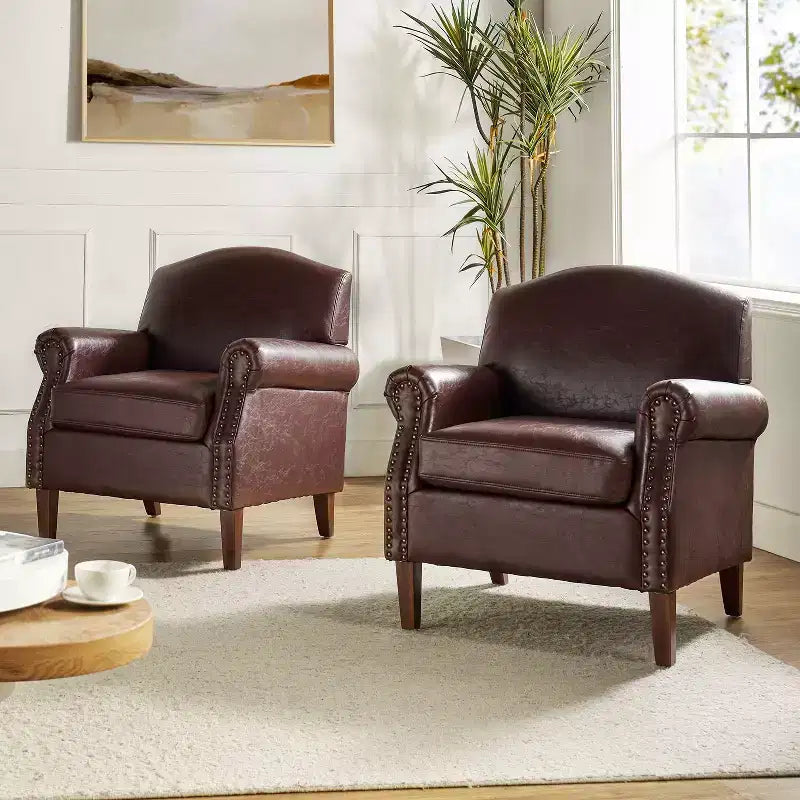 Set of 2 Transitional Vegan Leather Armchair with Nailhead Trim